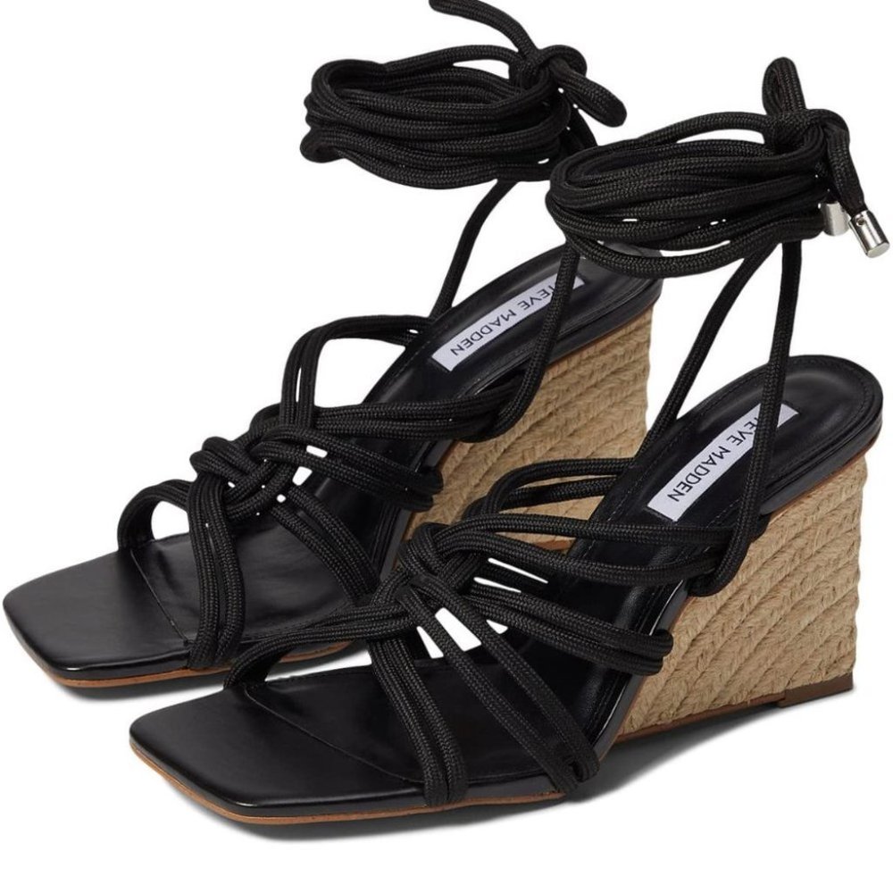 New STEVE MADDEN Black Idolized Ankle-Tie Espadrille Wedge Sandals